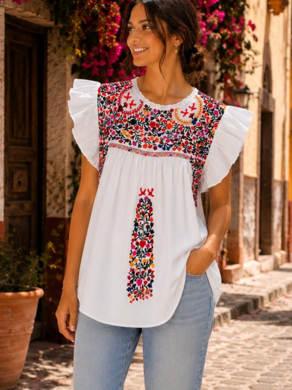 Margarita Mercantile Sara Embroidered Cotton Top White S/M Boho